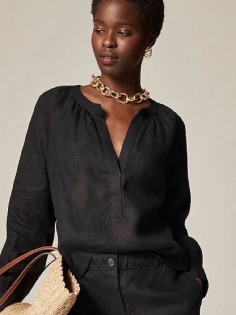 NWOT J. Crew Black Linen Spit Collar Cabana Popover Top Size 3X